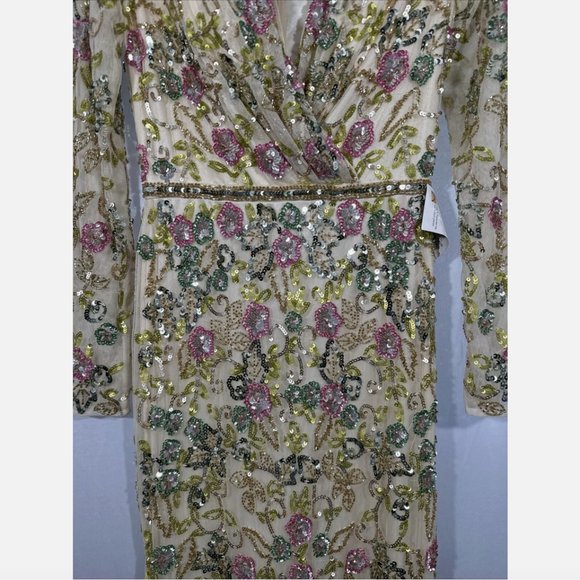 NWT $698 Mac Duggal [ 4 ] Long Sleeve Floral Embellished Gown in Nude Mult #Q633 - Picture 11 of 15